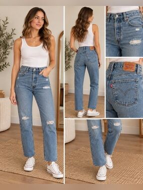 Levi's Women's Straight-Leg Jeans in Medium Blue with Distressing